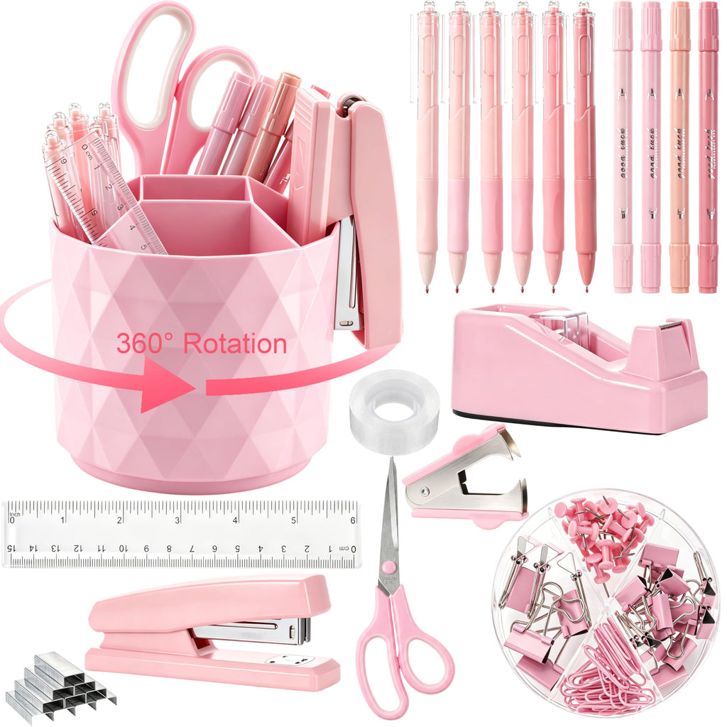 Eersida 20 Pcs Pink Desk Accessories and Organizer with 360° Rotating Pen Holder, Stapler, Staple Remover, Tape Dispenser, Binder Paper Clips Kit, Scissor, Highlighters, Pens, Office School Supplies