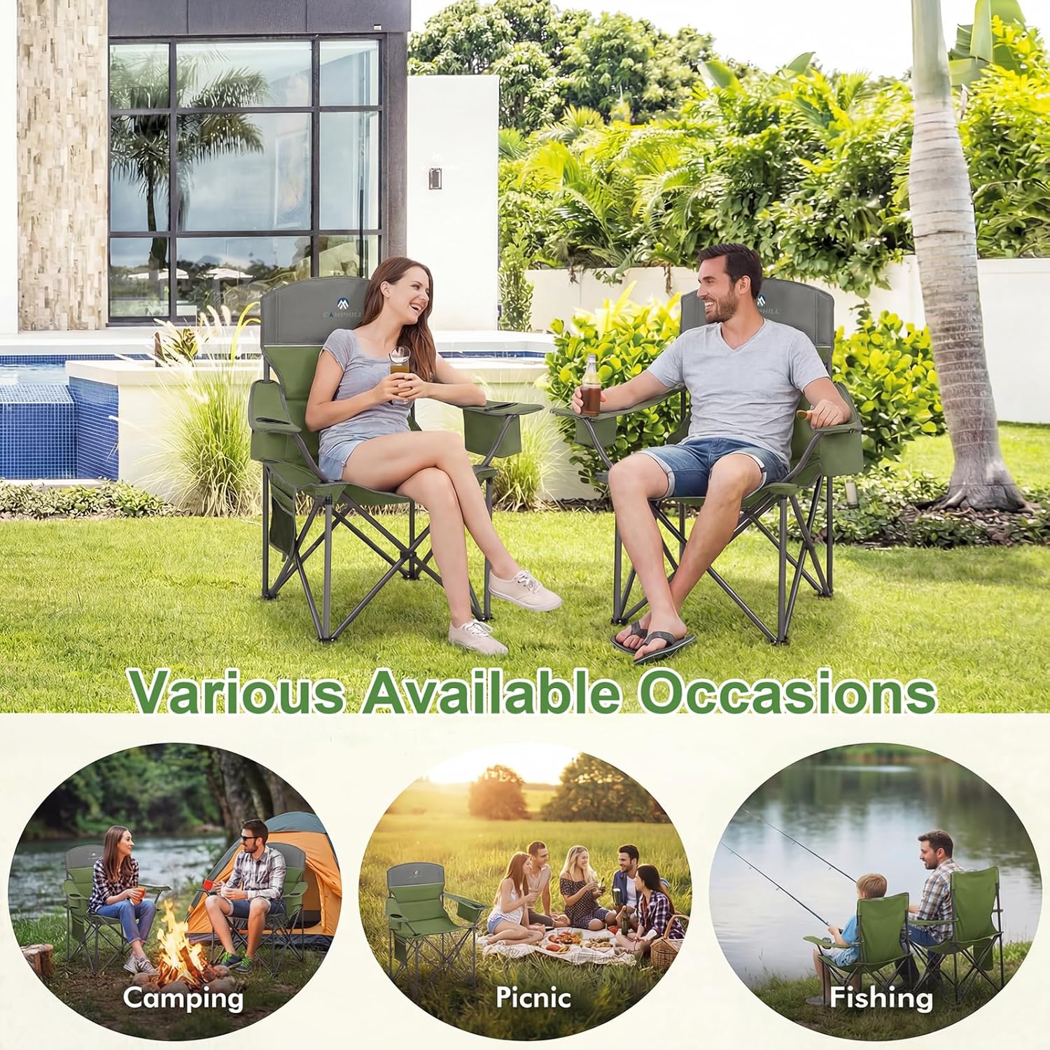 Skiennix Oversized Camping Chairs - Heavy Duty 400LBS Padded Lawn Chair with Cooler Bag & Cup Holder | Olive Green