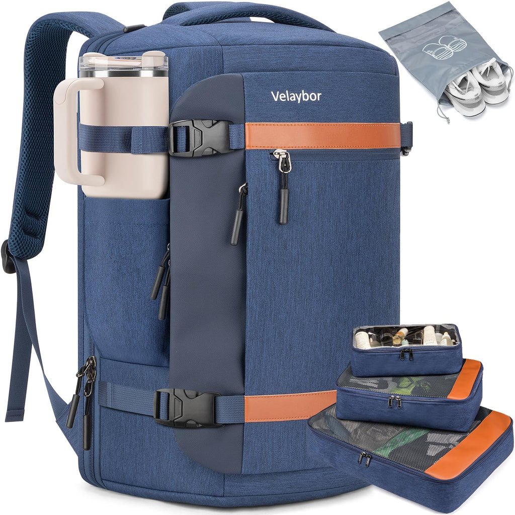 Velaybor 42L Travel Backpack with 4 Packing Cubes, TSA Friendly Flight Approved Carry-On Bag with USB Charging Port, Water-Resistant Weekender Business Backpack for Men Women, Fits 17.3" Laptop(Blue)