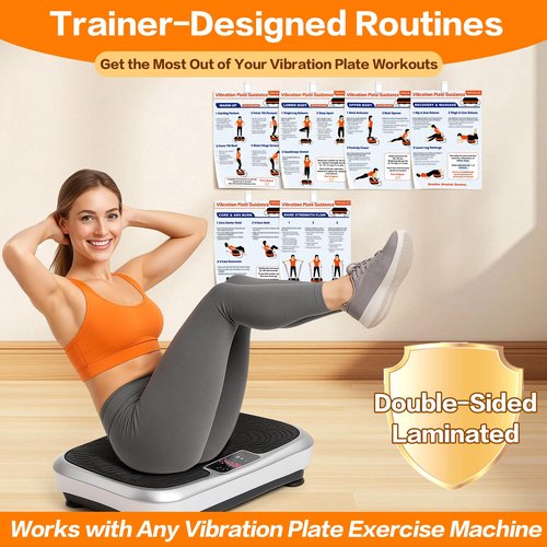 Whole Body Vibration Plate Workout Poster Set – 6 Exercise Wall Charts & 2 Fitness Planners for Home Gym, Full Body Guide for Vibration Platform, Dumbbells & Resistance Bands