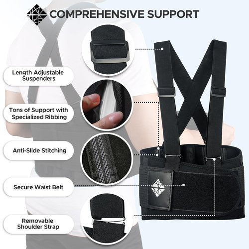 NeoHealth Lower Back Support Belt with Suspenders - The Most Effective Back Pain Relief for Men & Women - Industrial Strength Lumbar Protection for Construction, Warehouse, Moving, L