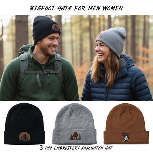 Berlune 3 Pcs Sasquatch Winter Beanie Hat Gifts for Men Winter Knit Cuffed Beanie for Men Women Warm Outdoor(Embroidered) Multicolor
