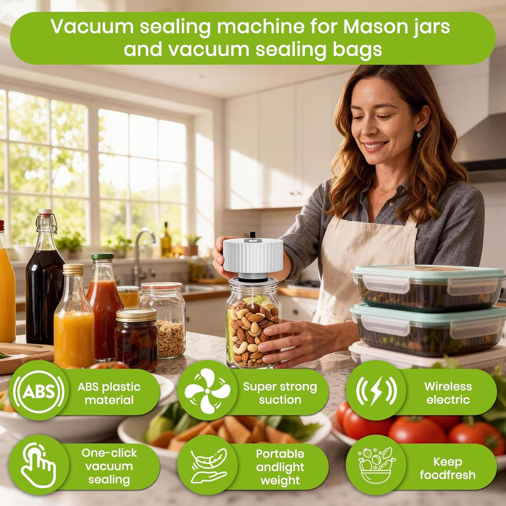 Skiennix Electric Mason Jar Vacuum Sealer Kit - One-Touch Sealing for Wide & Regular Jars | Portable Gift for Mom & Grandma