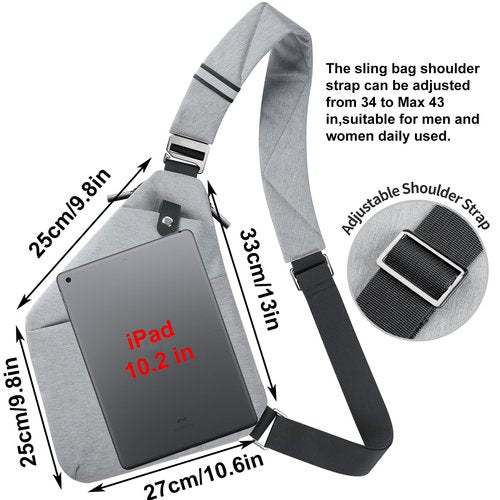 VADOO Anti-theft Sling Bag, RFID Blocking Crossbody Bag for Women and Men Lightweight Shoulder Chest Bag for Travel Sport, Grey 2.0, Large