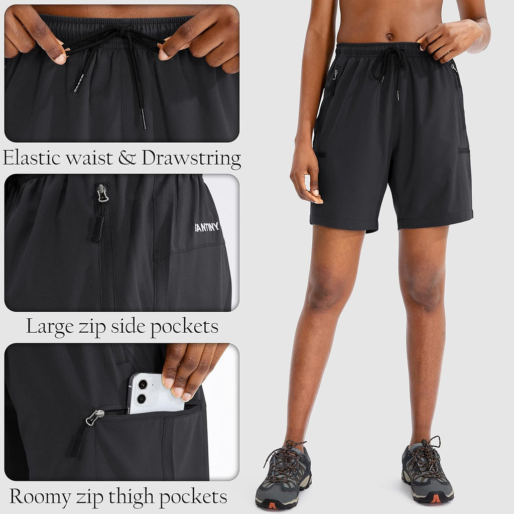 SANTINY Women's Quick-Dry Hiking Cargo Shorts - Lightweight Summer Athletic Shorts with Zipper Pockets | 5''/7''/9'' Sizes