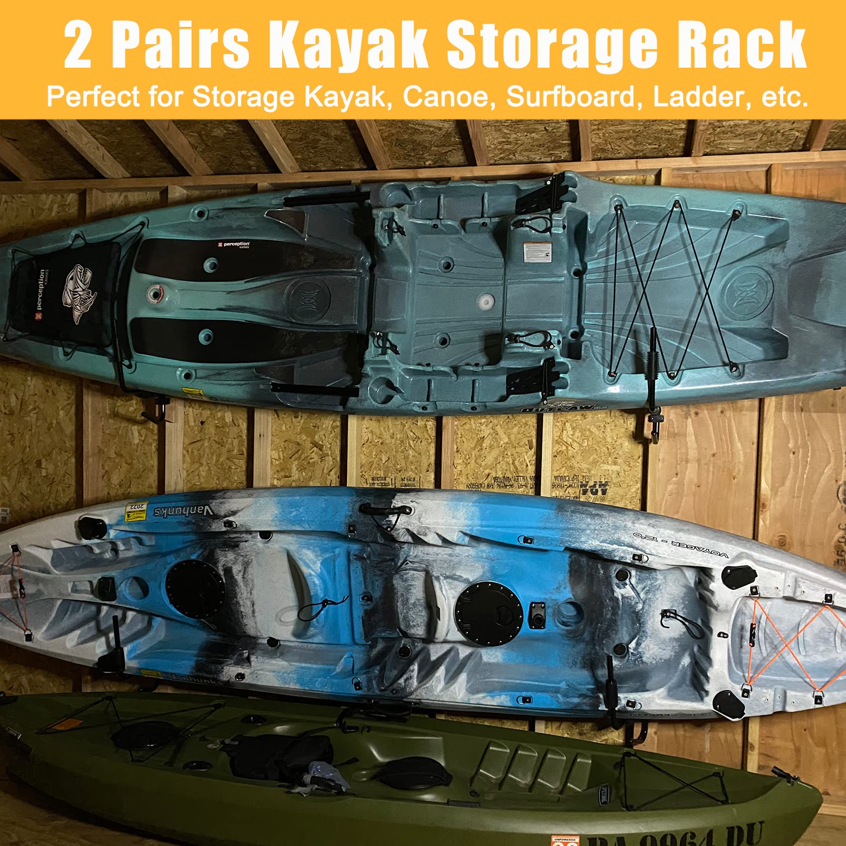 PIRIPARA Kayak Storage Rack Wall Mount 2 Pairs Garage Kayak Storage Hanger, Wall Bracket Holder for Kayaks, Canoe, Surfboard, Paddle Board, Max Load 100LBs, Black