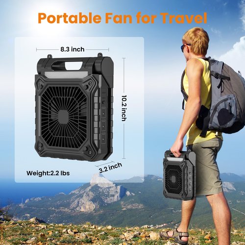 KITWLEMEN 10.2 Inch Solar Camping Fan with Light- Rechargeable Battery Operated Fan, 38H Run Time, 3 Speed, 6H Timer, SOS Signal, Portable Desk Fan for Camping Fishing RV Trips Hurricane Power Outage