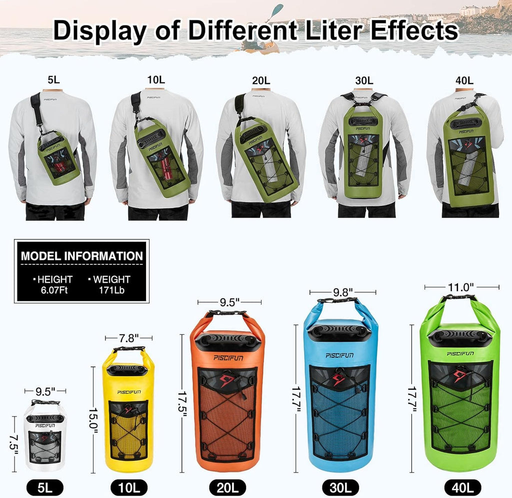 Piscifun Waterproof Dry Bag - Floating Backpack with Phone Case | Available in 10L, 20L, 30L, 40L Sizes