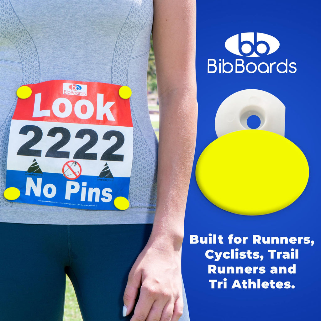 bibSNAPS Race Bib Clips - Safety Lock Fasteners - Secures Running, Marathon, Cycling and Event Number, Non Magnetic, Easy to Use, Soft & Reusable - Replacement for Pins & Magnets - Plain Yellow (4pcs)