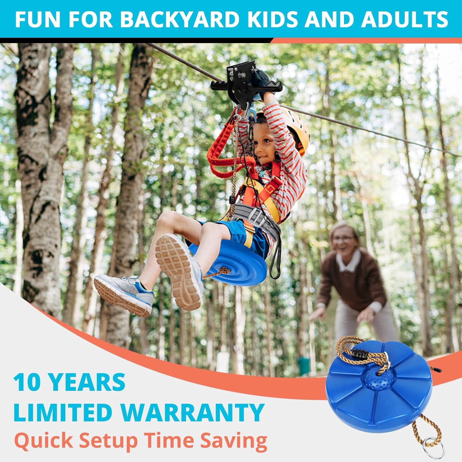Zip Line Kit - 100FT/120FT/150FT/200FT for Kids & Adults | Up to 380Lbs Capacity with Rust-Proof Trolley & Spring Brake