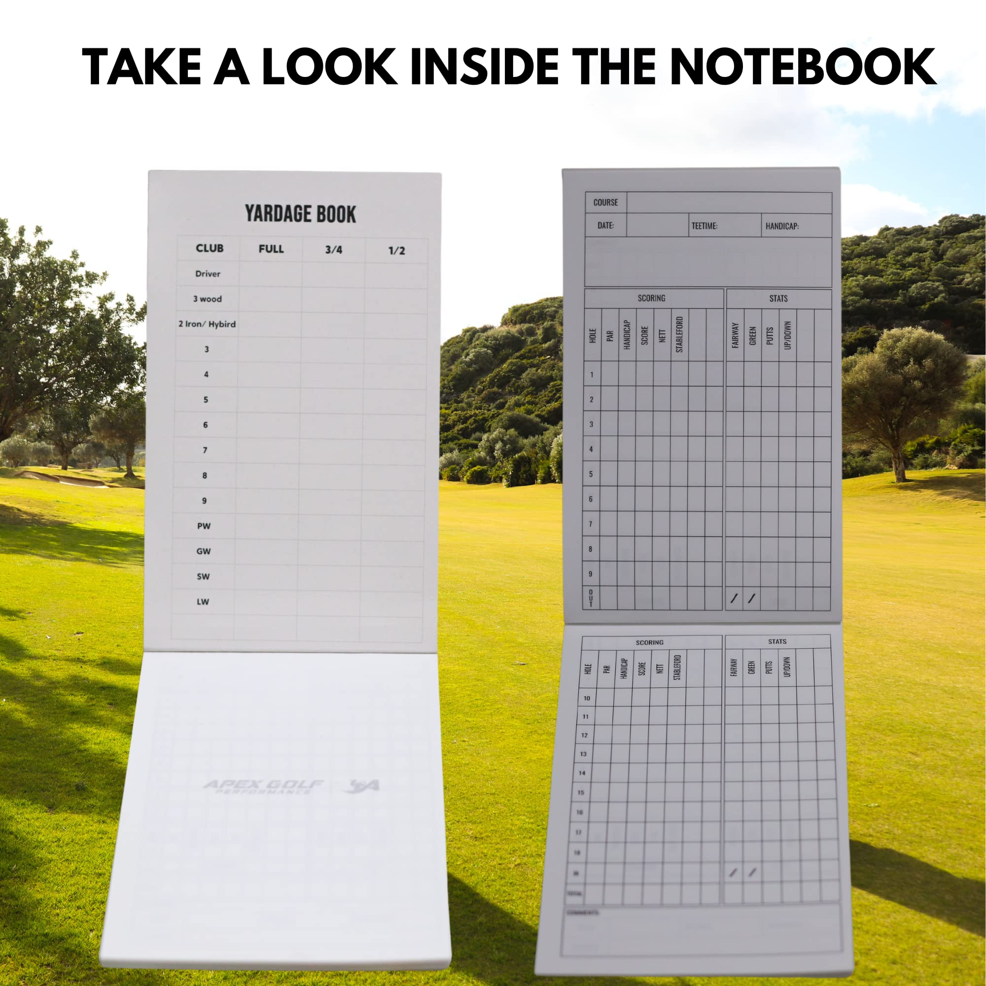 PU Leather Golf scorecard Holder & 2 Weatherproof Golf Notebook with Golf Yardage Book/Golf Scorecard Book - Golf Notebook + 30x scorecards. Golfers Journal, Perfect Golf Gadgets for Men/Woman