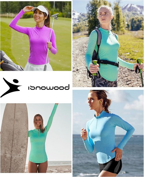 Isnowood Women's Rash Guard - 1/4 Zip Long Sleeve Shirt with UPF 50+ Sun Protection | Quick Dry Athletic Top