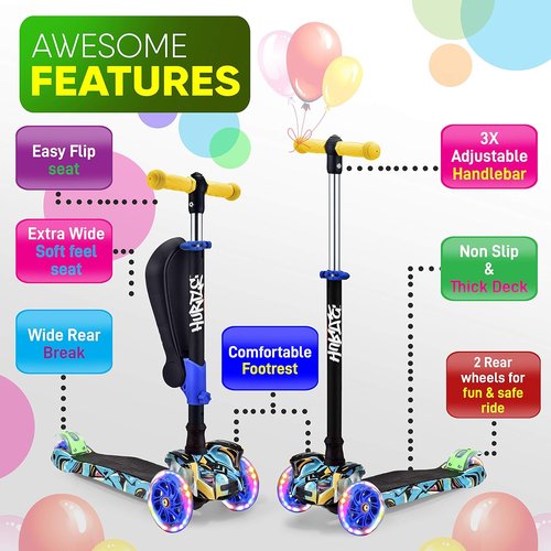 Hurtle Kids Scooter - Adjustable Height 3-Wheel Kick Scooter with Foldable Seat & Flashing Lights | For Ages 1-12