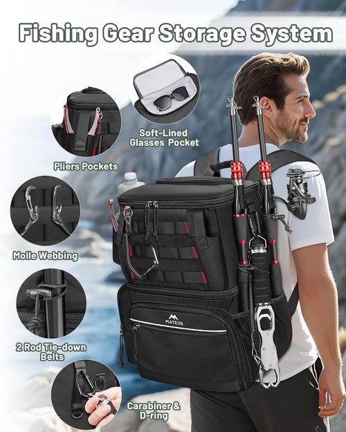 MATEIN Fishing Backpack - 4 Tackle Boxes, Rod Holder, Cooler & Safety Compass | Perfect Gift for Fishermen