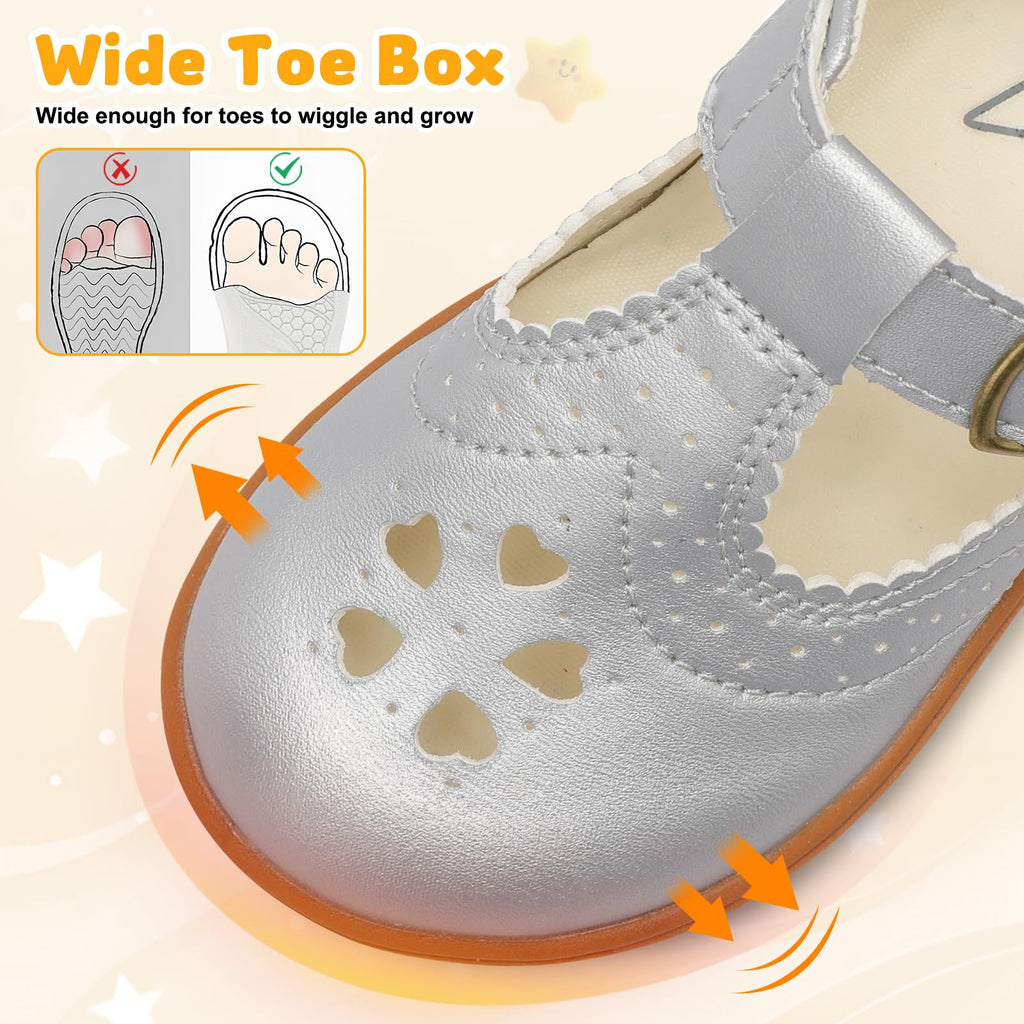 LeIsfIt Toddler Girls Shoes Flower Girl Mary Jane Dress Shoes Wide Ballet Flats forParty School Wedding Church Silvery 5 Toddler