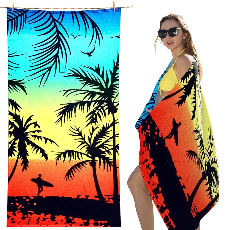 Oversized Microfiber Beach Towel 70x35 - Quick Dry, Sand Free, Lightweight Travel XL Beach Towel (Coconut Tree)