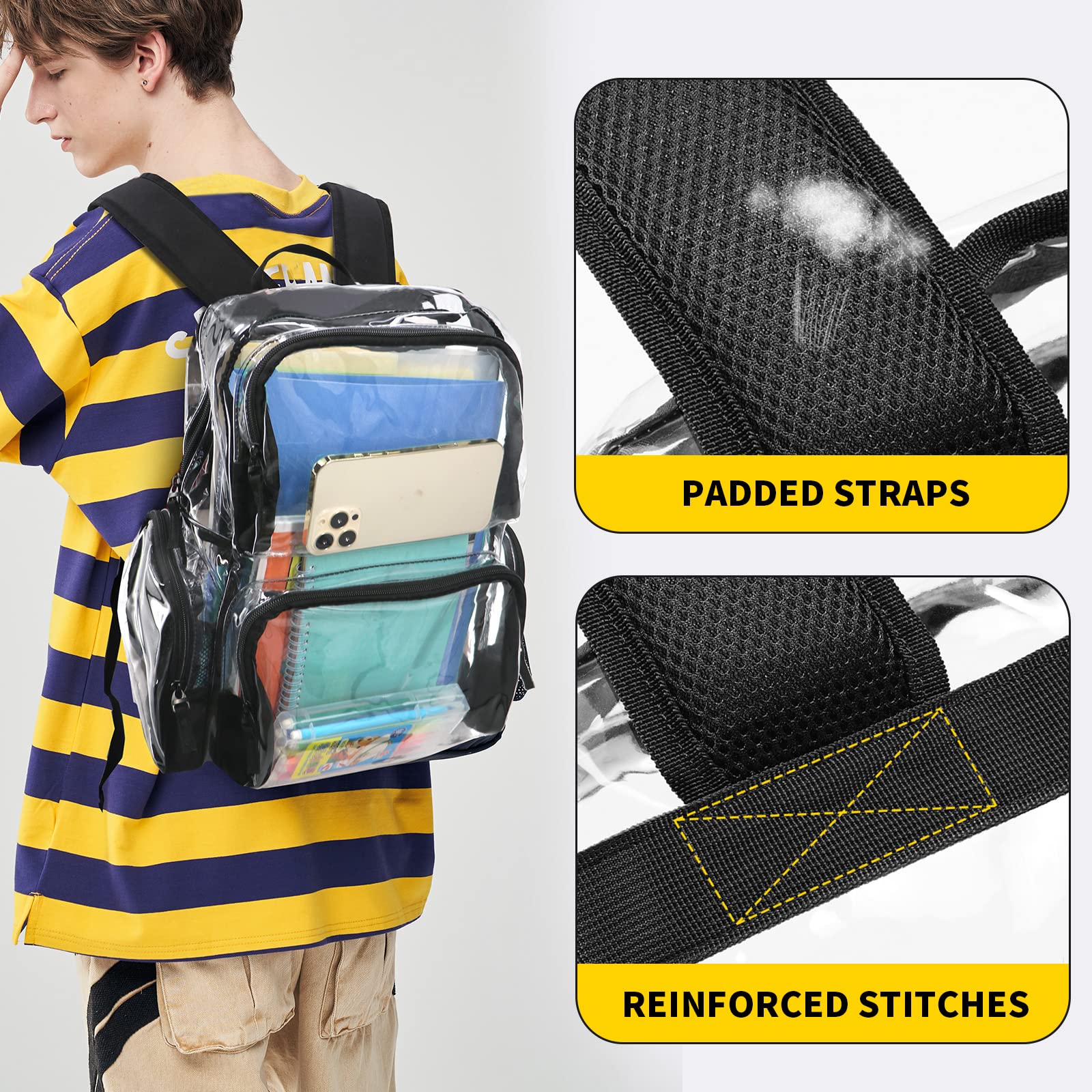 Vorspack Clear Backpack - Transparent Backpack with Reinforced Bottom & Multi-pockets for College Workplace Security - Black