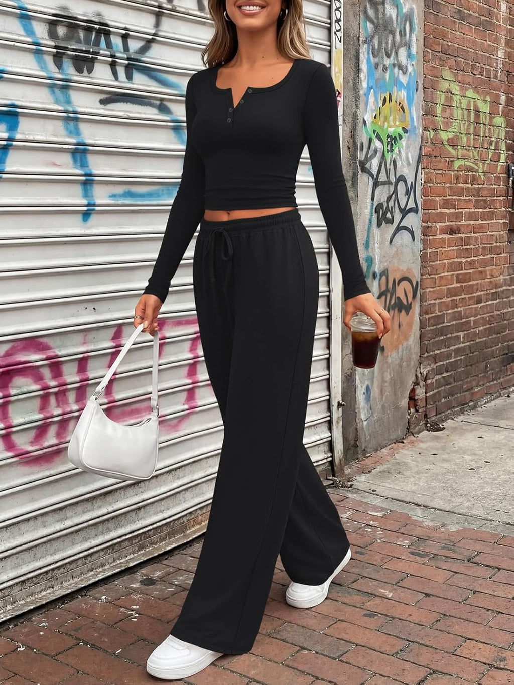 Trendy Queen Women's Lounge Set - Long Sleeve Henley Crop Top & Wide Leg Pants | Casual Comfort