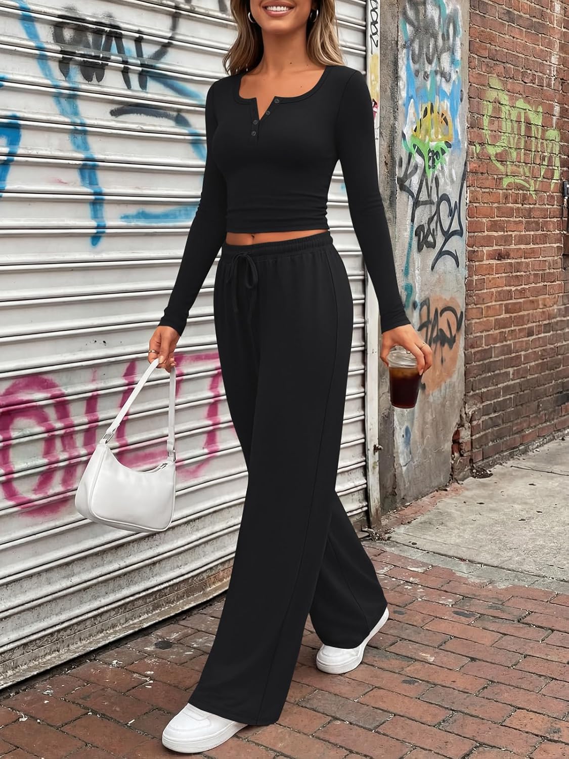 Trendy Queen Women's Lounge Set - Long Sleeve Henley Crop Top & Wide Leg Pants | Casual Comfort