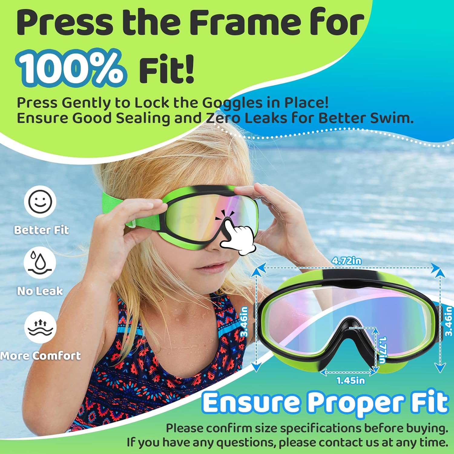 Vvinca Kids Swim Goggles - Anti-Fog, UV Protection, No Leak Design | Comfortable Fabric Strap for Ages 3-14