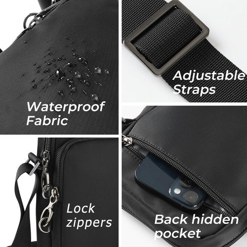 BROADREAM Small Sling Bag for Men, RFID Anti-Theft Crossbody Sling Bags with Zipper Lock for Women - Lightweight Waterproof Mini Chest Passport Backpacks for Travel Hiking (Black)