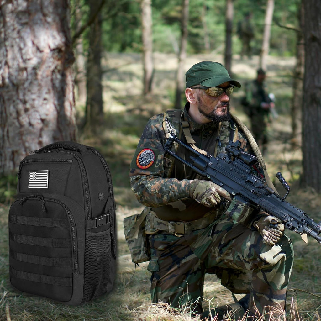 Skiennix 30L Military Tactical Backpack - Compact Molle Assault Bag for Hiking & Camping - Black with Water Pouches