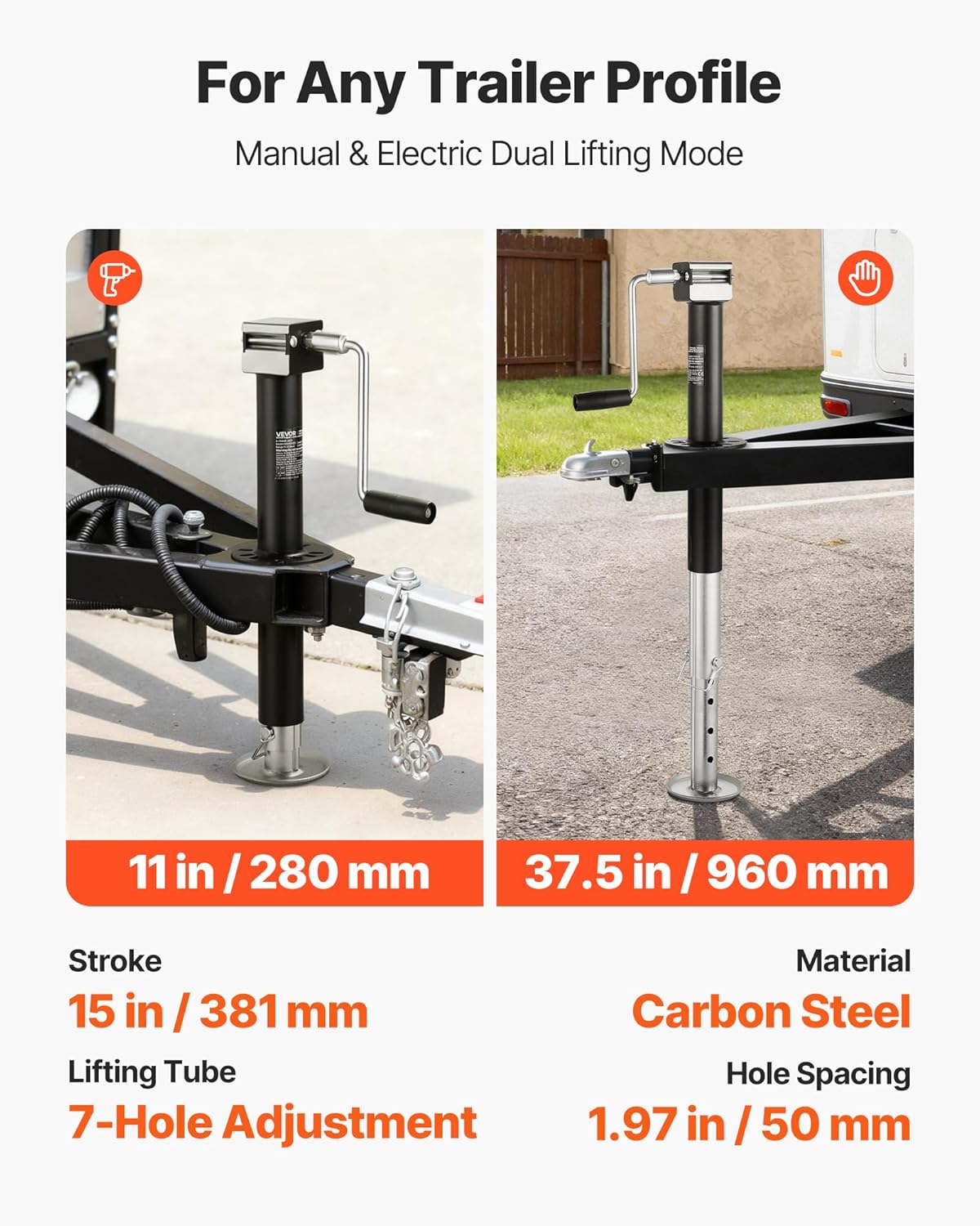 VEVOR 5000 lbs A-Frame Trailer Jack - 15-Inch Vertical Travel with Adjustable 7-Level Drop Leg & Drill Socket