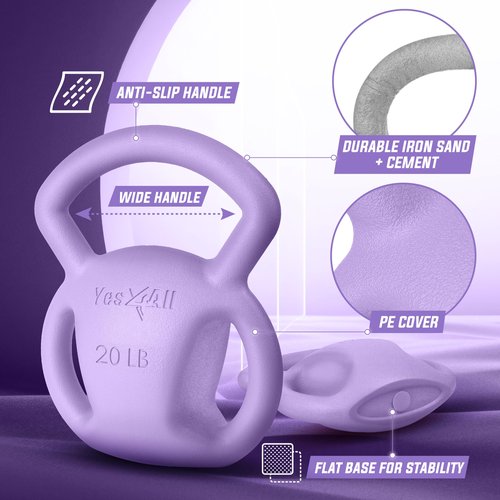 Yes4All Kettlebell, 5-25lb Strength Training Kettlebells for Women, Wide Multi-grip Textured Handle for Home Gym Exercises & Full Body Workout (20lbs - Purple)