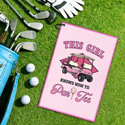 Juoqg This Girl Know How to Par Tee Pink Golf Towel, Funny Golf Bag Towel with Clip, Golfing Accessories for Women, Golfing Gifts for Daughter Golfer Mom, Birthday Gifts for Sport Lover Sister Friend