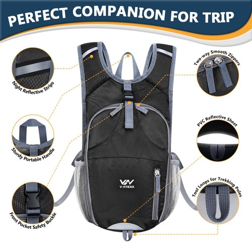 VHYBRIX 15L Foldable Hiking Backpack,Lightweight Packable Waterproof Machine Washable Daypack with Chest Strap,Small Folding Pack for Travel/Walking for Men&Women-0.52LB Black