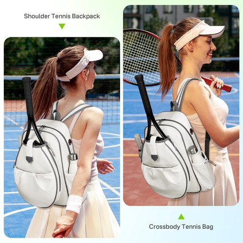 JKAOO Tennis Bags for Women, Waterproof Tennis Sling Crossbody Shoulder Backpack Holds 2 Rackets, Tennis Racket Bag for Pickleball Badminton (White)