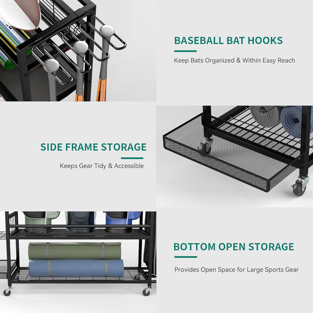YITAHOME Sports Organizer - Multi-Functional Garage Storage Rack for Golf Gear | Holds 3 Bags & Clubs, Wheels Included