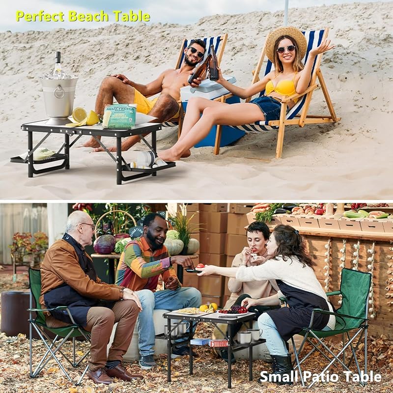 Titanker Small Folding Camping Table 2ft with Side Racks and Net (White Marble & Storage Net) – Portable Beach/Car Picnic Table