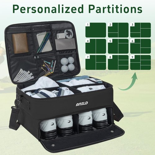 ANILD Golf Trunk Organizer, 2 Layer Golf Storage Case with Separate Ventilated Compartment for 2 Pair Shoes, for Balls, Tees, Clothes, Gloves, Accessories, Golfer Gifts