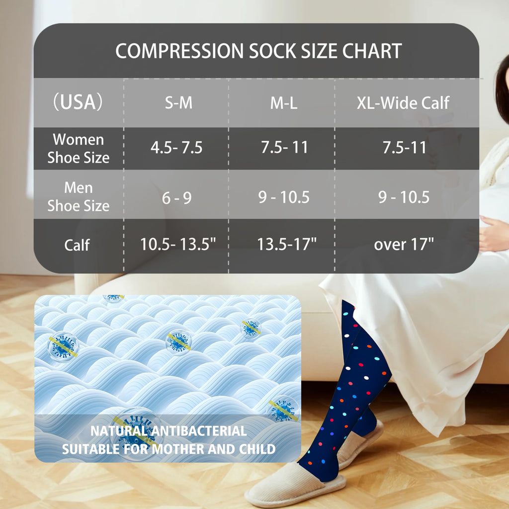 LEVSOX Cotton Compression Socks for Women&Men 20-30 mmHg Knee High Cute Fun Crazy Support Sock for Nurses, Travel and Flight, Pregnancy, 2 Pairs, Black and Navy Blue Polkadot