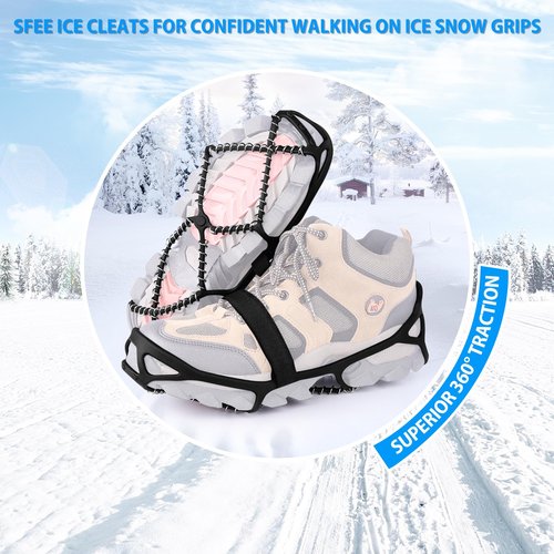 Sfee 2 Pairs Ice Cleats Ice Grippers for Shoes and Boots, Crampons Traction Cleats for Walking on Snow and Ice Anti-Slip Flexible Footwear Snow Grips for Walking Climbing Hiking Jogging with 4 Straps