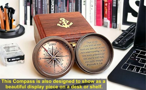 Engraved Compass by Trust in The Lord | Proverbs 3:5-6 Quote with Wooden Box & Greeting Card - Perfect Graduation Gift for All