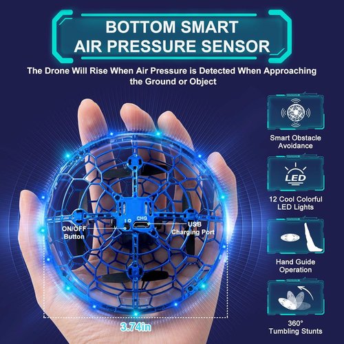 Hand Operated Flying Toy Drone for Kids, 360° Hands Free Motion Sensors Mini Drone with Cool LED Lights, Easy Indoor Small UFO Toy Flying Ball Drone for 6 7 8 9 10+ Year Old Boys and Girls (Blue)