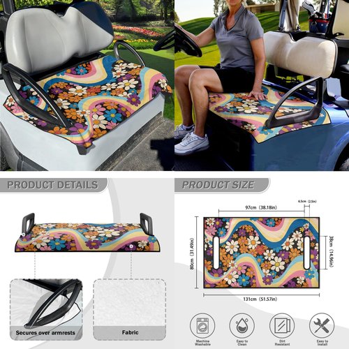 FUIBENG Golf Cart Seat Covers and 13-16 Inch Steering Wheel Covers, Golf Cart Seat Towel Blanket, Hippie Boho Floral