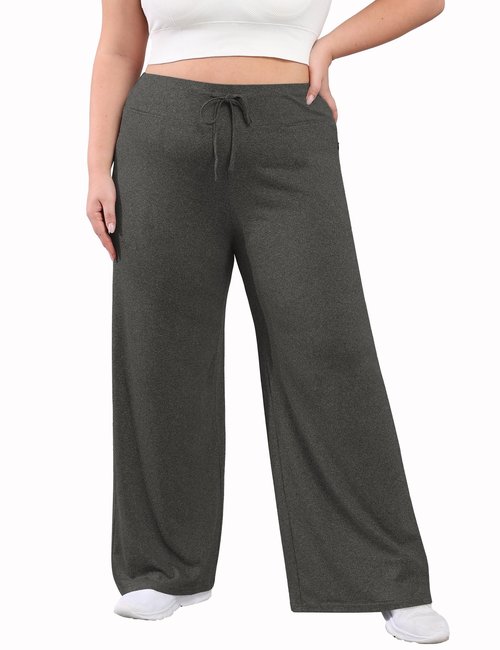FOREYOND Plus Size Sweatpants for Women Wide Leg Yoga Pants Knit Workout Pants with Drawstring Pull-on Stretch Fabric Dark Grey 3XL