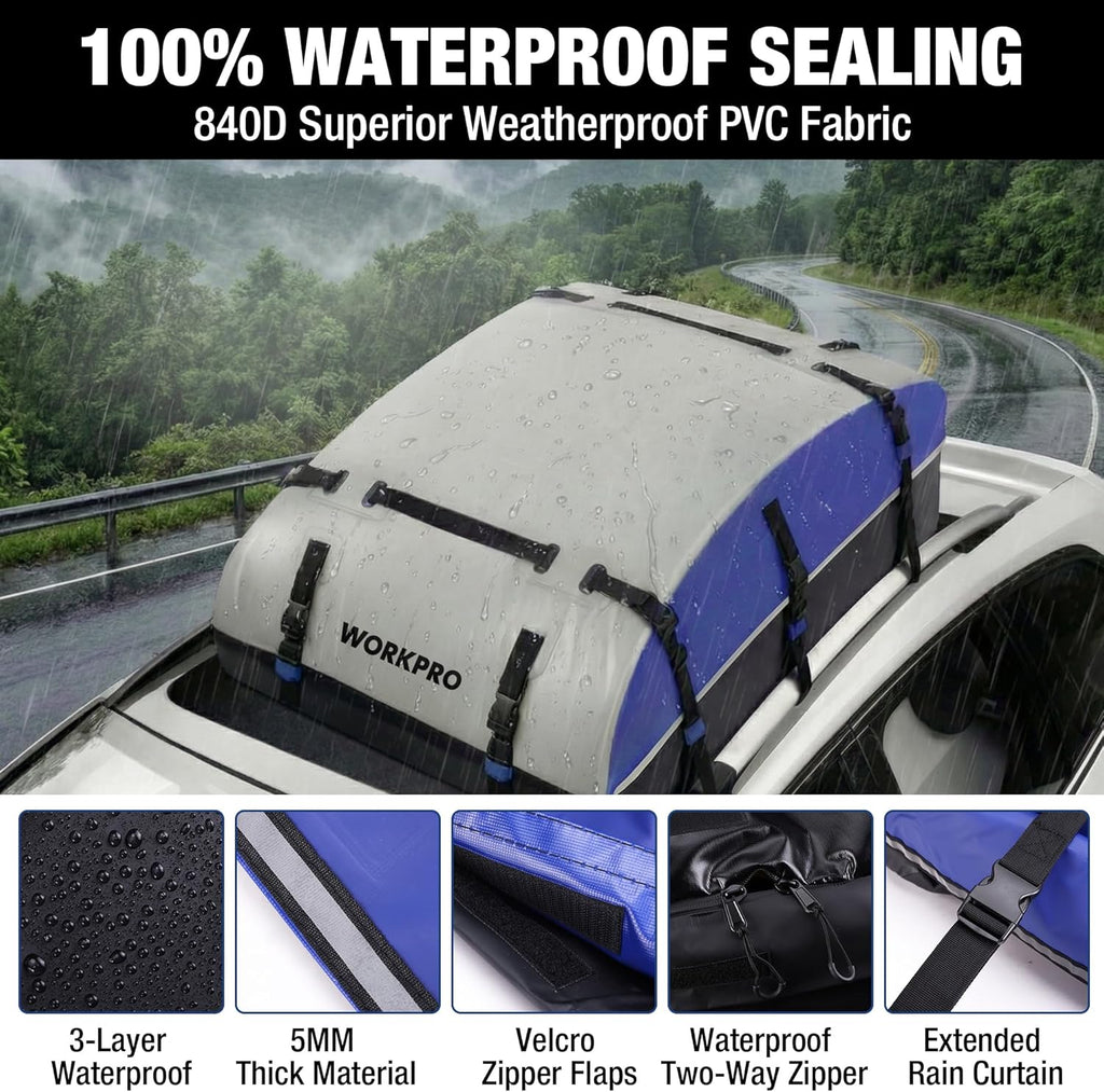 WORKPRO Rooftop Cargo Carrier - 21 Cubic Feet Waterproof Roof Bag with Anti-Slip Mat & Safety Hooks