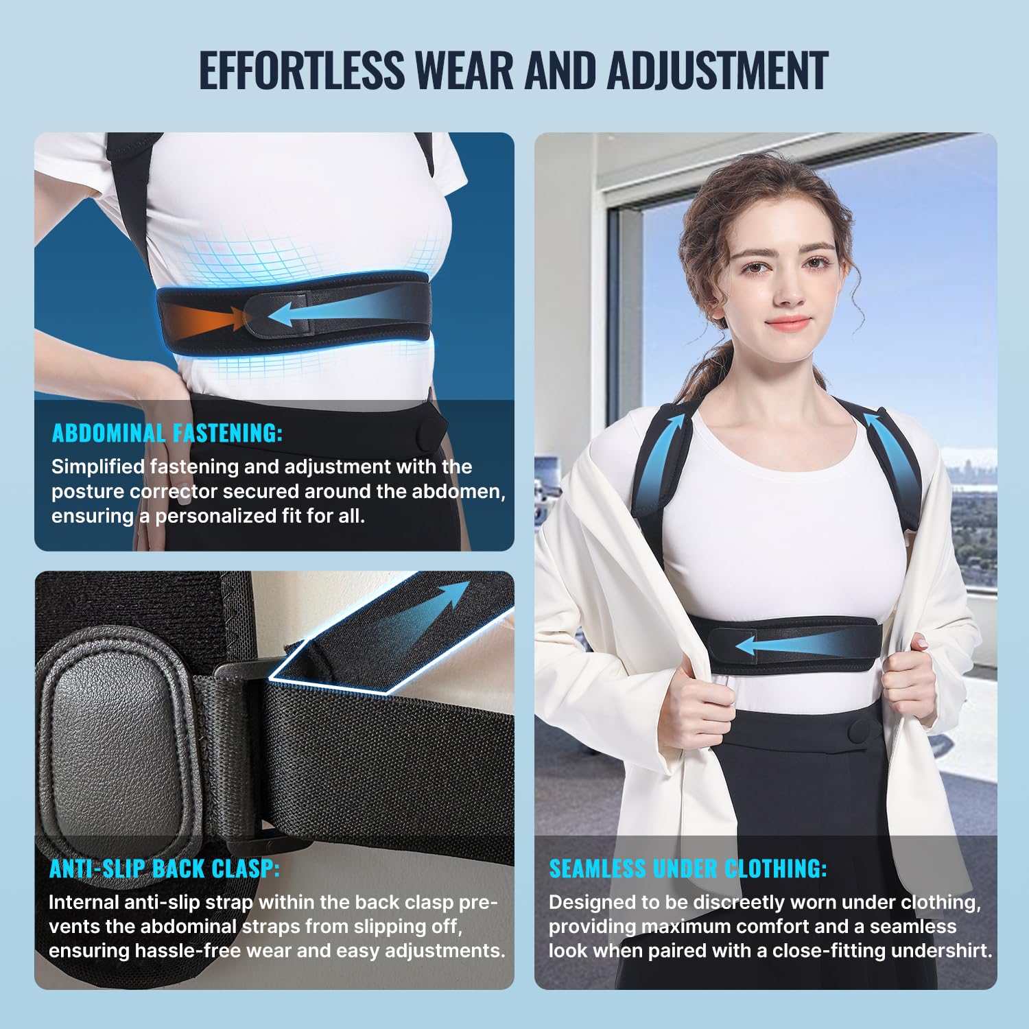 Skiennix Posture Corrector Upper Back Brace - Adjustable Pain Relief for Men & Women | Invisible Under Clothes (Medium/Large 39"-49")