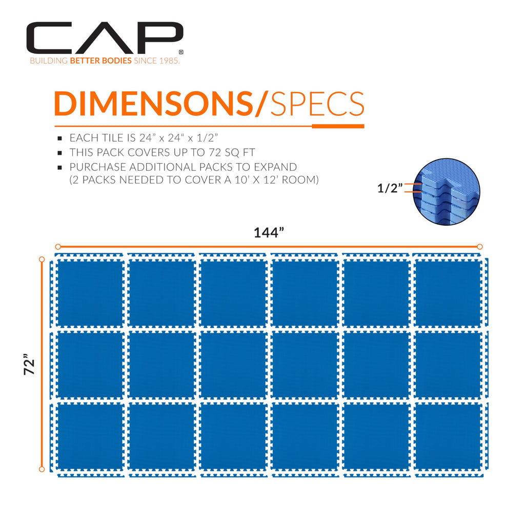 CAP Barbell 1/2-Inch Interlocking EVA Foam Exercise Puzzle Mat Home Gym Flooring - 3 Pack | 24" x 24" x 1/2" | T Pattern - Blue