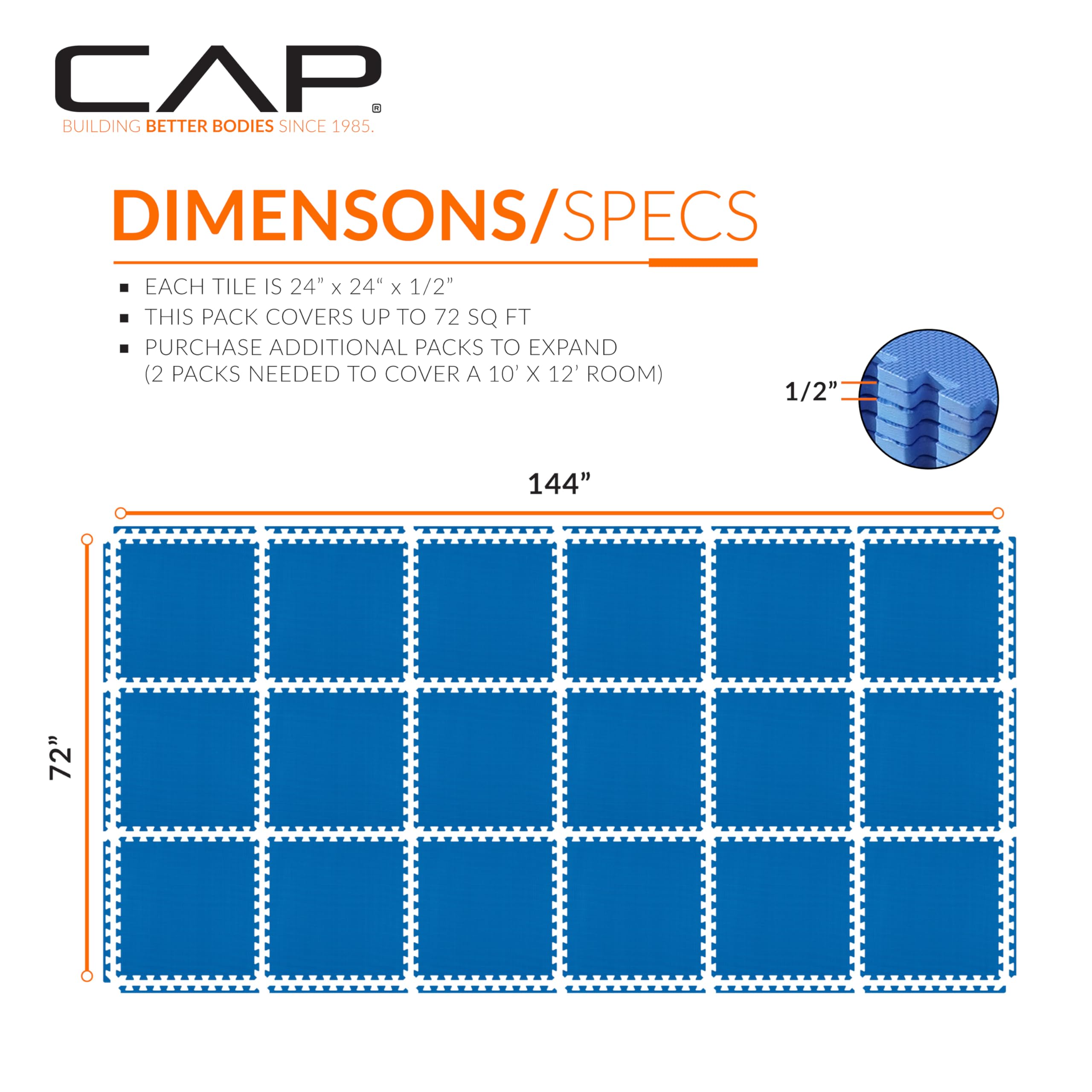 CAP Barbell 1/2-Inch Interlocking EVA Foam Exercise Puzzle Mat Home Gym Flooring - 3 Pack | 24" x 24" x 1/2" | T Pattern - Blue