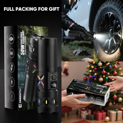 erbrigtli Flashlights High Lumens 10000 Rechargeable, Super Bright 50W LED, Long Running 15 Hours, USB C Input & USB Output, Zoomable 3 Modes, Powerful Strong Flash Light for Home Hiking Camping