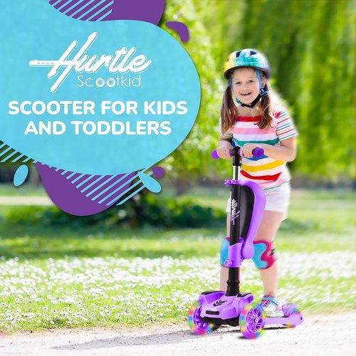 Hurtle 3-Wheeled Kids Scooter - LED Wheel Lights, Adjustable Handlebar, Foldable Seat | Sit or Stand Ride for Ages 1-14