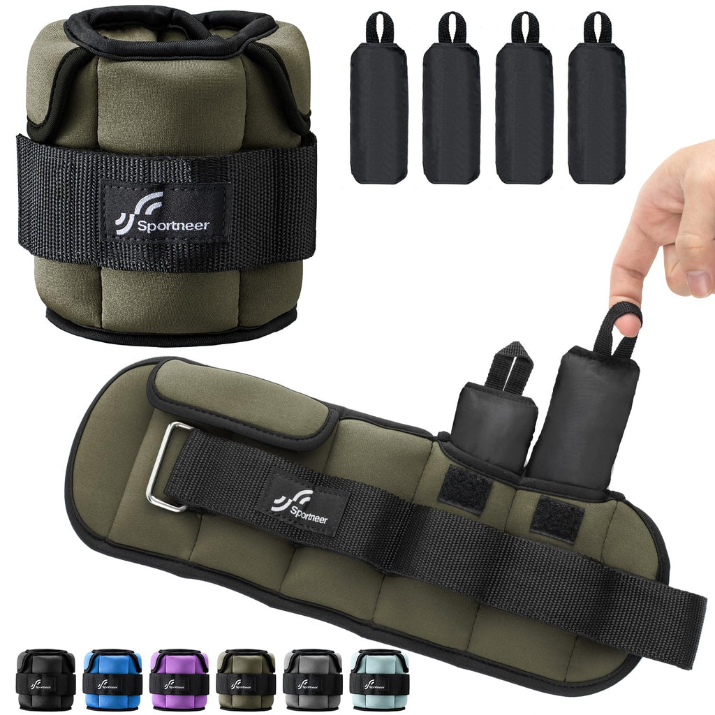 Sportneer Adjustable Ankle Weights for Women and Men：1 Pair 1 2 3 4 6 7 8 10 lbs Upgraded Easily Adjustable Leg Weight, Weighted Wrist Weight Strap for Gym, Fitness, Workout, Walking, Dancing (Army Green, 5 lbs x 2)