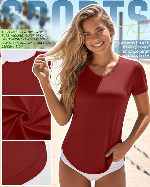 Locoowai Women's V-Neck Workout Shirts - Quick Dry, UPF 50+ UV Protection, 5 Pack | Short Sleeve, Side Slits
