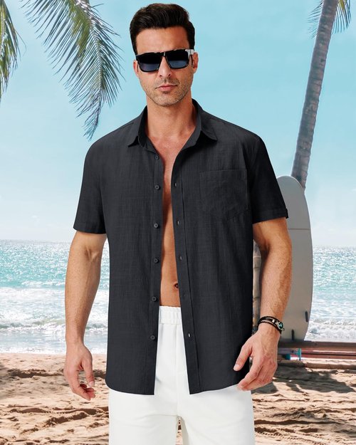 MLYENX Men's Linen Shirts - Casual Short Sleeve Button Down Tops for Summer Beach | 3 Pack with Pocket