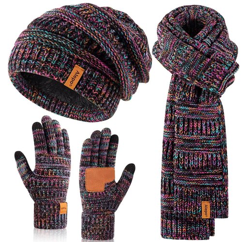 Winter Beanie Hat Scarf Gloves Set for Women, Slouchy Beanie with Fleece Lined Long Knit Scarf Touchscreen Gloves, Warm 3 in 1 Stocking Stuffers Set for Women Mom Her Cold Weather-01